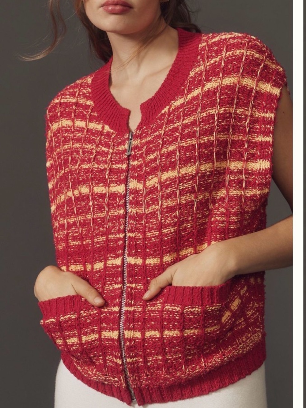 Maeve Red and Yellow Knit Zip-Front Sweater Vest